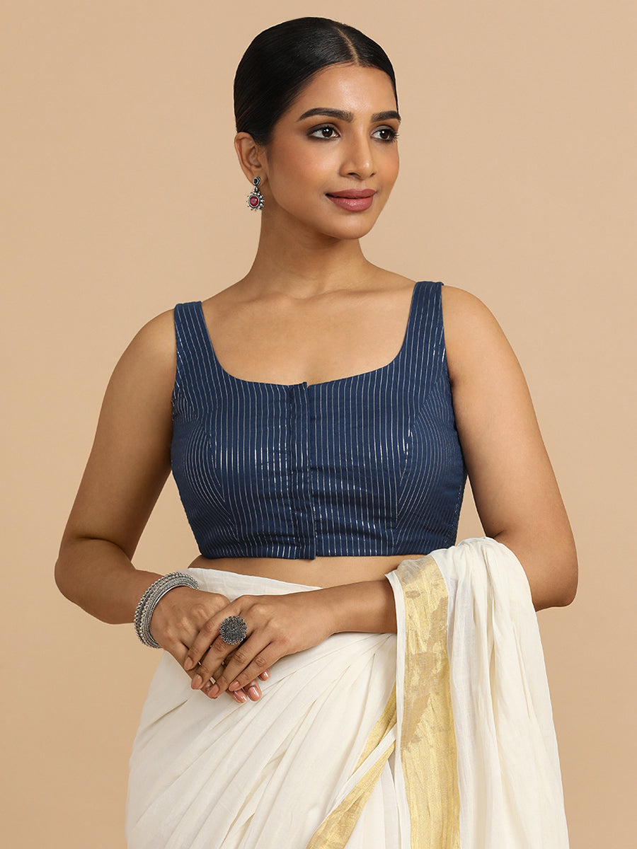 Vinita x Rozaana Saree Blouse, in Blue 100% Cotton & Lurex, featuring sleeveless and round neckline (view 4).
