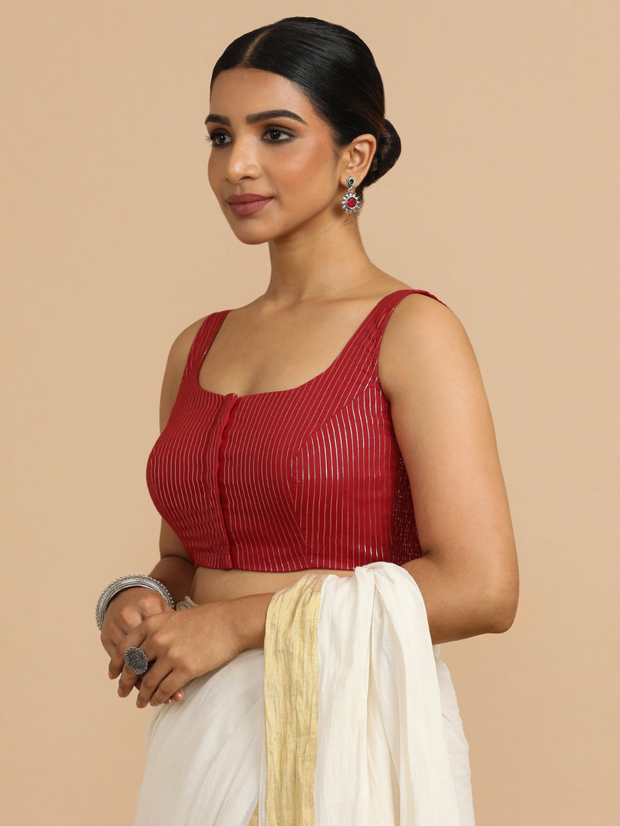 Vinita x Rozaana Saree Blouse, in Red 100% Cotton & Lurex, featuring sleeveless and round neckline, made for party & festive.
