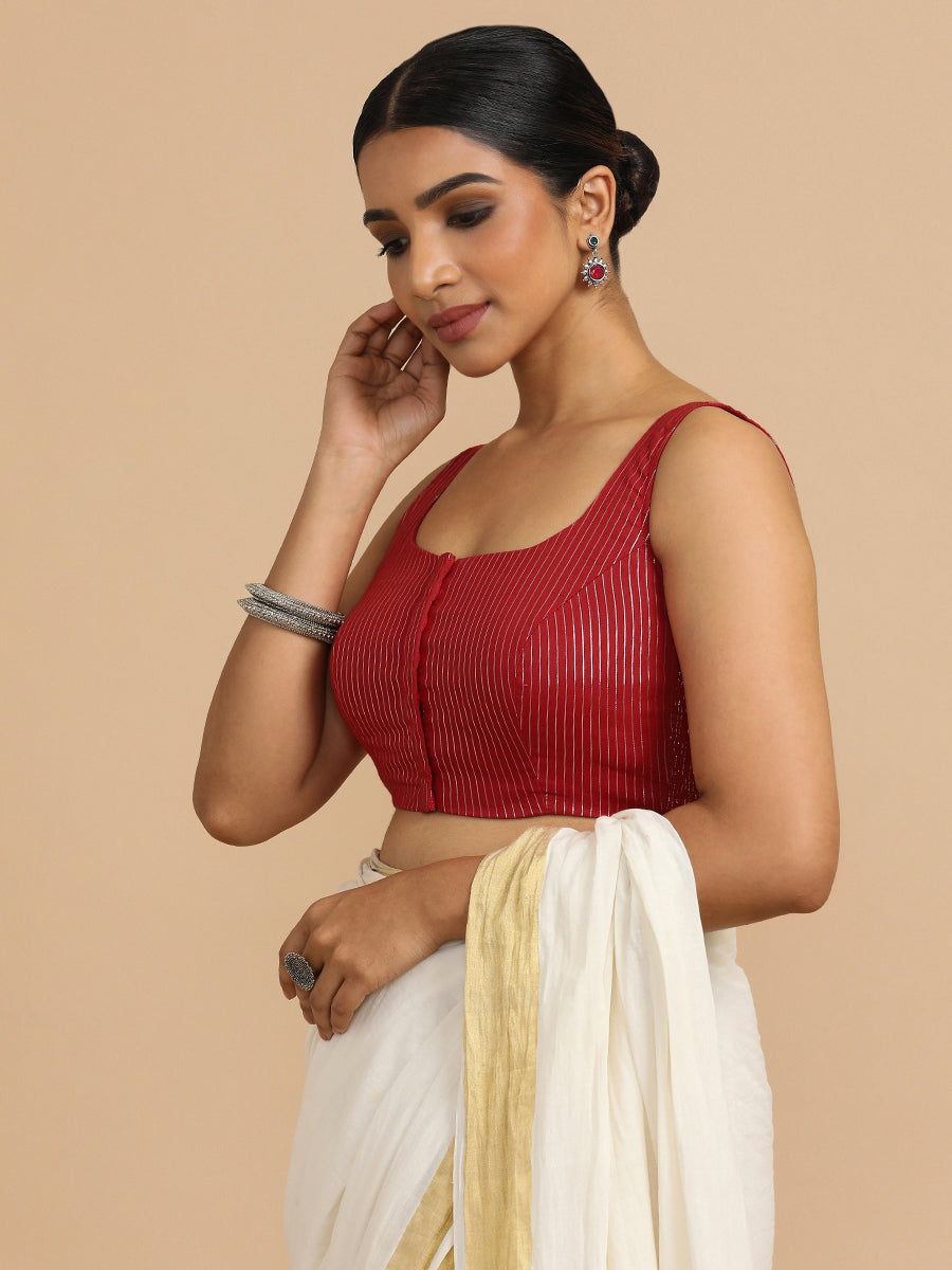 Vinita x Rozaana Saree Blouse, in Red 100% Cotton & Lurex, featuring sleeveless and round neckline, made for party & festive.
