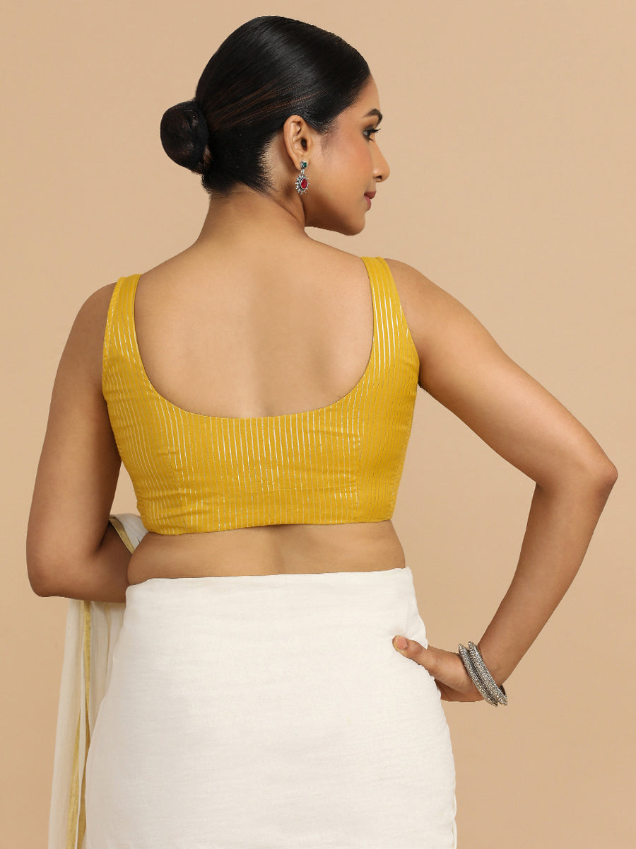 Vinita x Rozaana Saree Blouse, in Yellow 100% Cotton & Lurex, featuring sleeveless and round neckline (view 2).