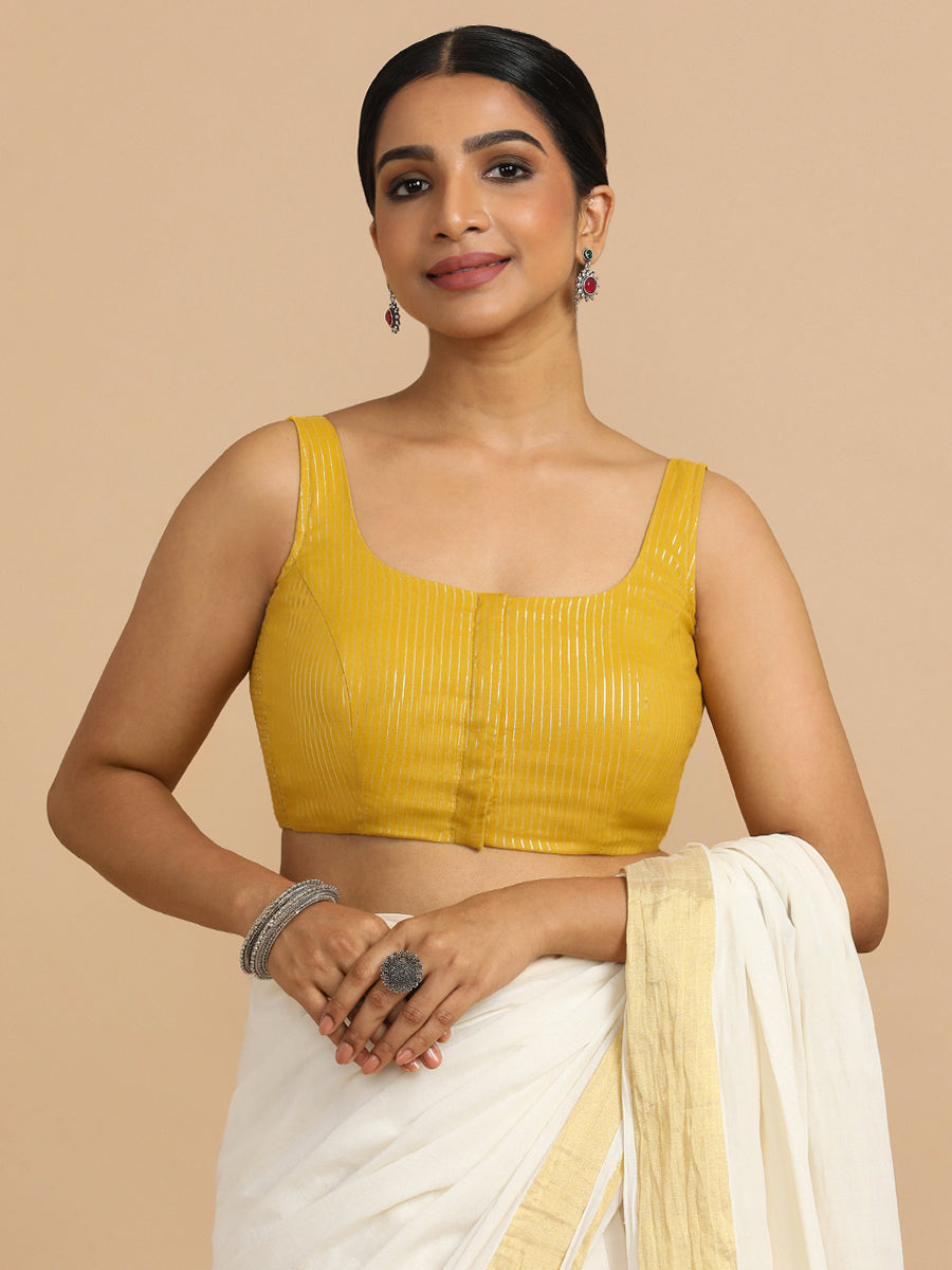 Vinita x Rozaana Saree Blouse, in Yellow 100% Cotton & Lurex, featuring sleeveless and round neckline (view 5).