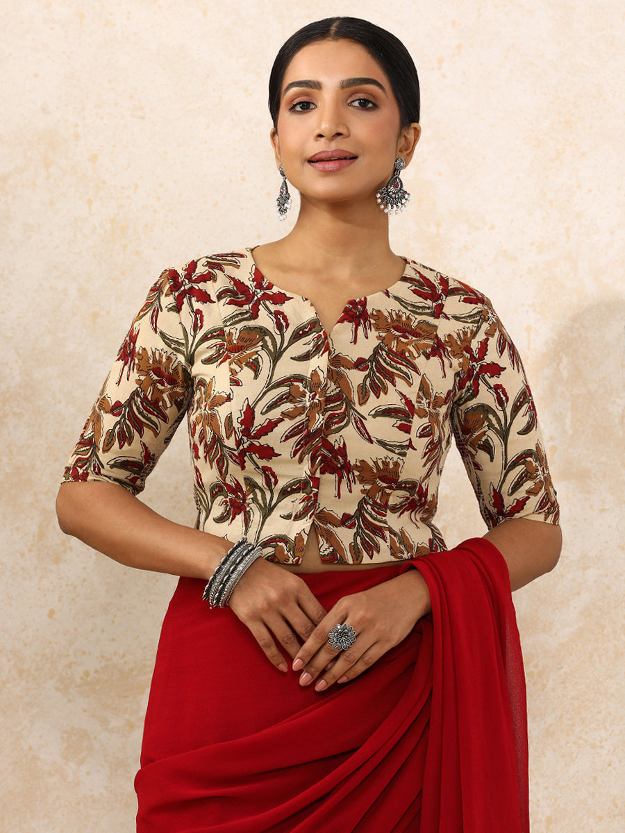 Vriti x Rozaana Saree Blouse, in Cream 100% Cotton - Block Printed, featuring elbow sleeves and round neckline (view 5).