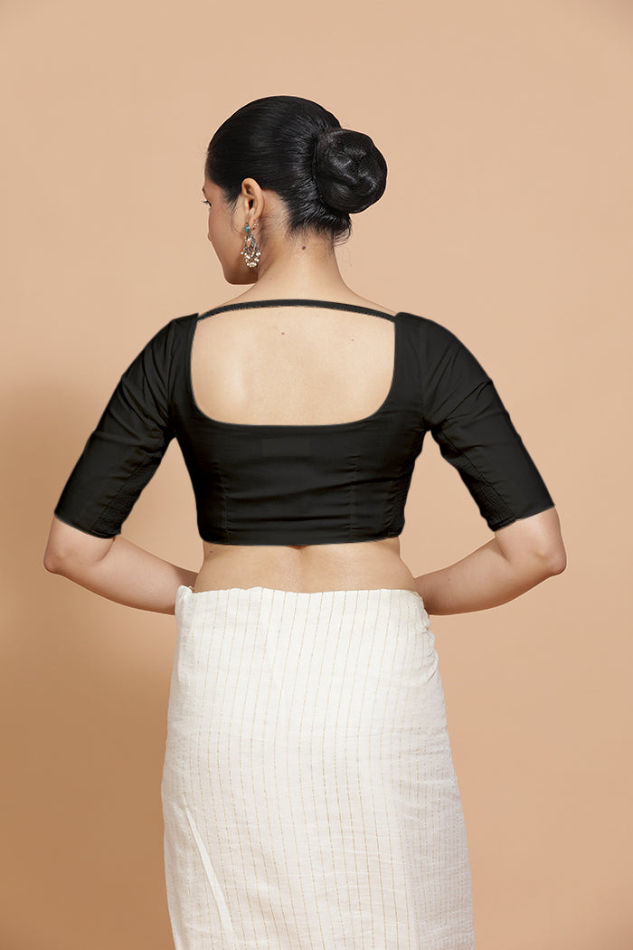 Vritika x Rozaana Saree Blouse, in Black Cotton, featuring elbow sleeves and scoop neckline, made for daily & work (view 2).