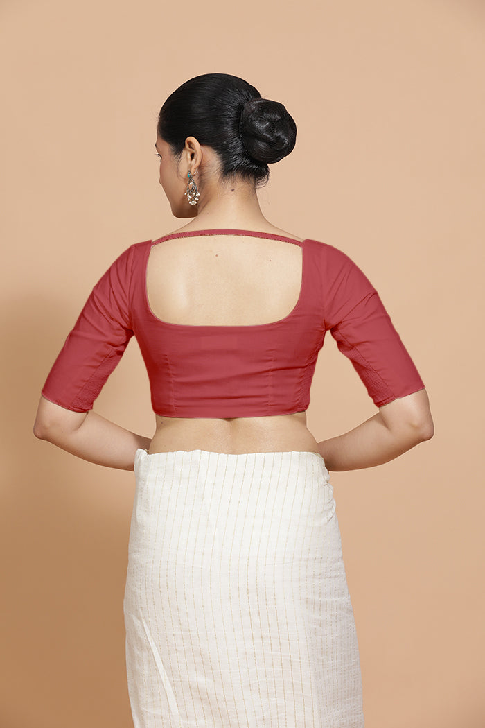 Vritika x Rozaana Saree Blouse, in Red 100% Cotton - Solid, featuring elbow sleeves and scoop neckline (view 2).