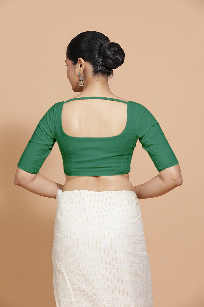 Vritika x Rozaana Saree Blouse, in Green 100% Cotton - Solid, featuring elbow sleeves and scoop neckline (view 2).