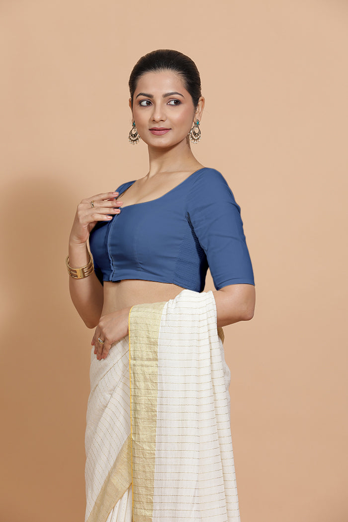 Vritika x Rozaana Saree Blouse, in Blue 100% Cotton - Solid, featuring elbow sleeves and scoop neckline (view 5).