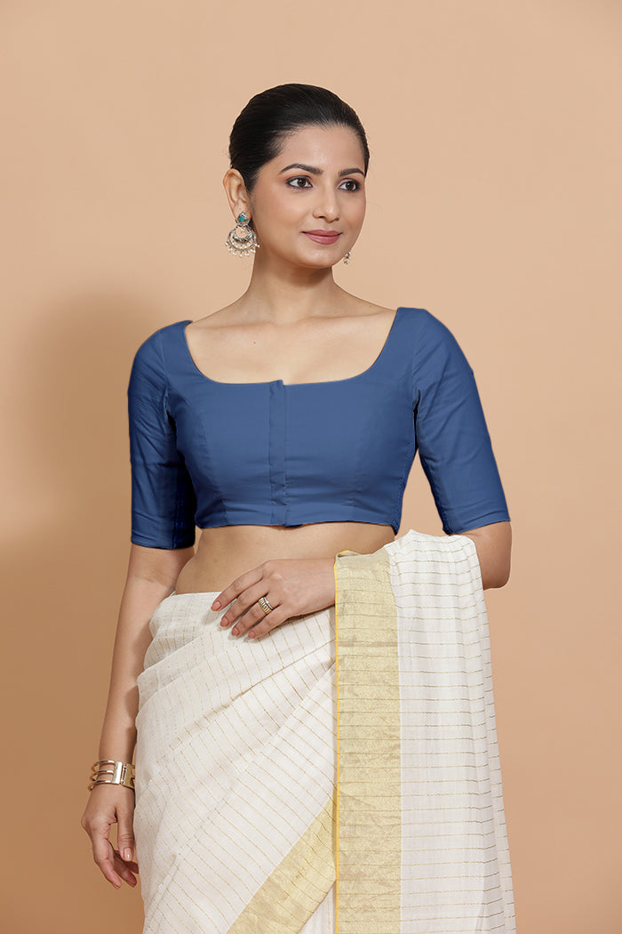 Vritika x Rozaana Saree Blouse, in Blue 100% Cotton - Solid, featuring elbow sleeves and scoop neckline (view 6).