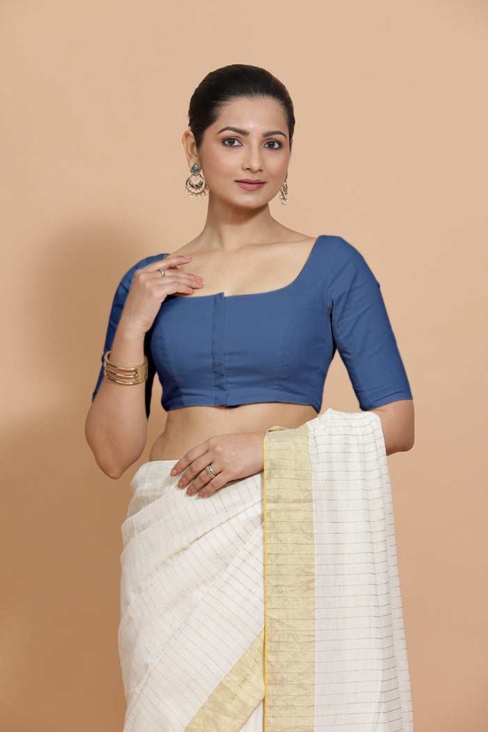 Vritika x Rozaana Saree Blouse, in Blue 100% Cotton - Solid, featuring elbow sleeves and scoop neckline (view 7).