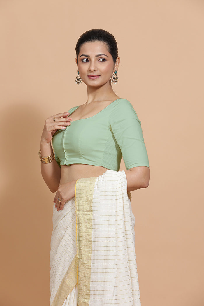 Vritika x Rozaana Saree Blouse, in Green Cotton, featuring elbow sleeves and scoop neckline, made for daily & work (view 5).