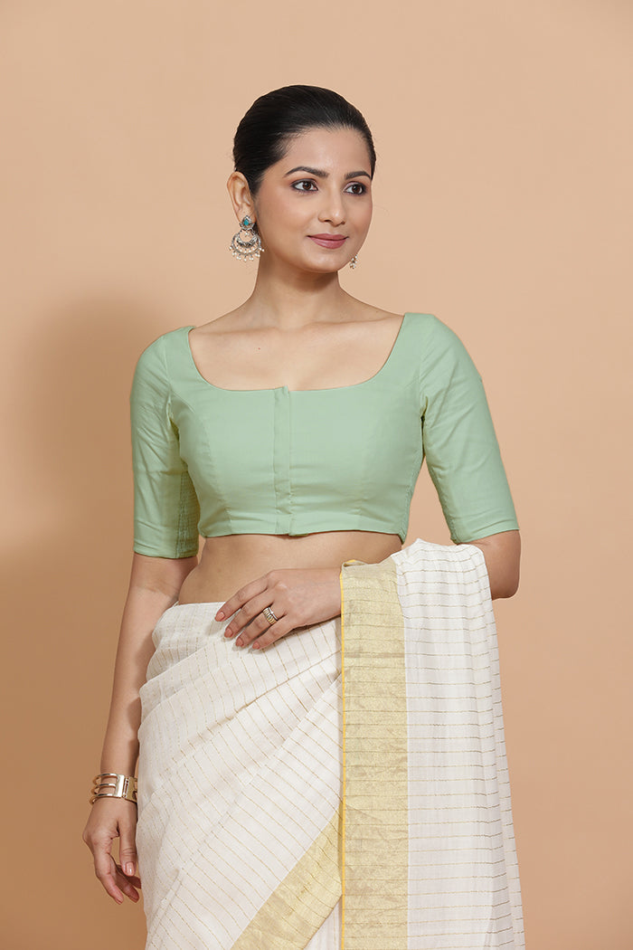 Vritika x Rozaana Saree Blouse, in Green Cotton, featuring elbow sleeves and scoop neckline, made for daily & work (view 6).