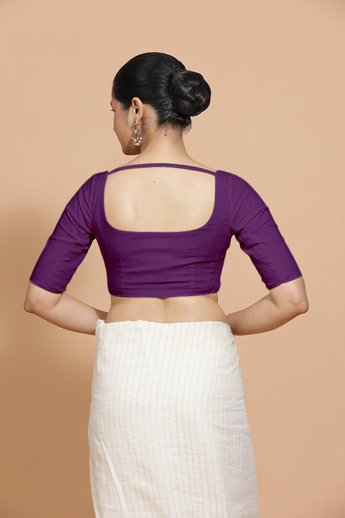 Vritika x Rozaana Saree Blouse, in Purple Cotton, featuring elbow sleeves and scoop neckline, made for daily & work (view 2).
