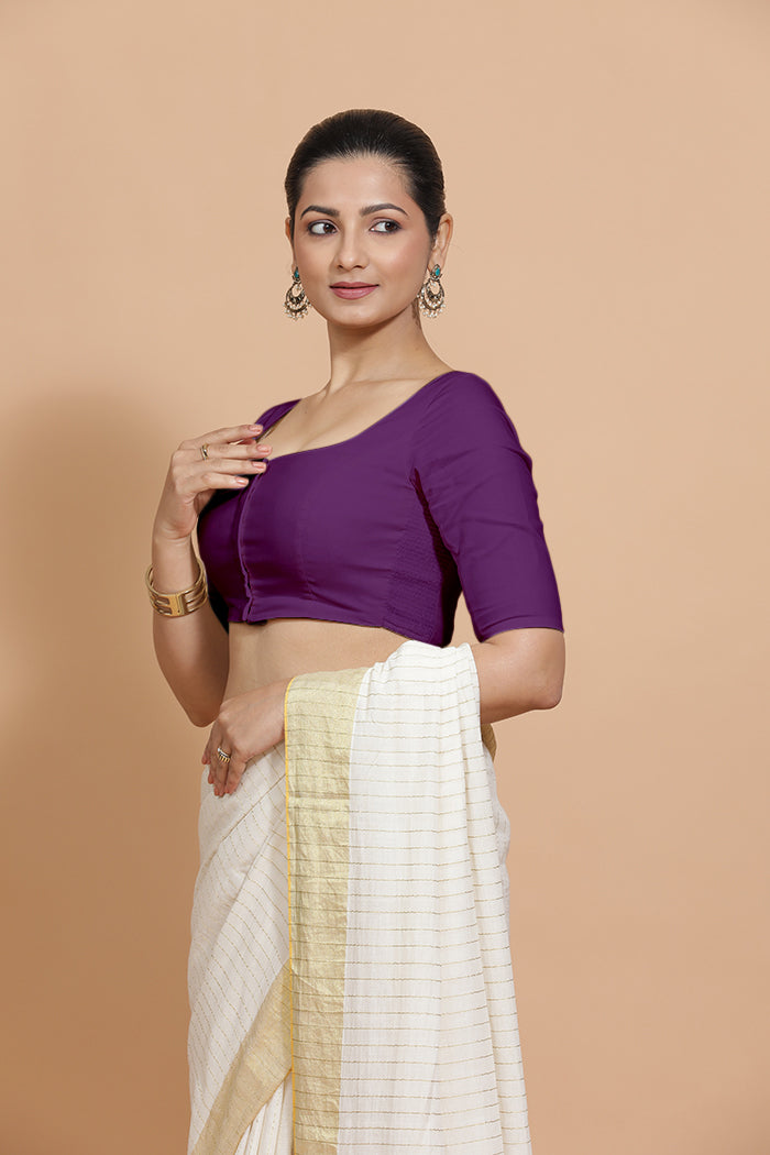 Vritika x Rozaana Saree Blouse, in Purple Cotton, featuring elbow sleeves and scoop neckline, made for daily & work (view 5).