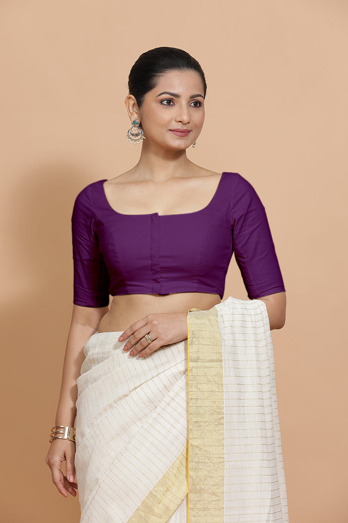 Vritika x Rozaana Saree Blouse, in Purple Cotton, featuring elbow sleeves and scoop neckline, made for daily & work (view 6).
