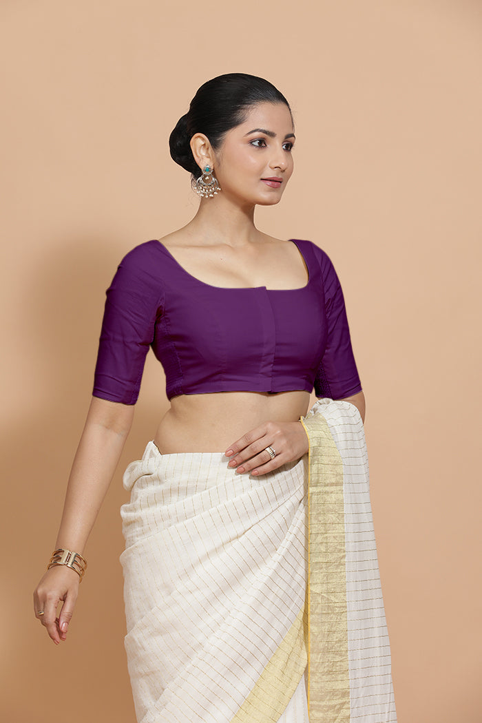 Vritika x Rozaana Saree Blouse, in Purple Cotton, featuring elbow sleeves and scoop neckline, made for daily & work (view 7).