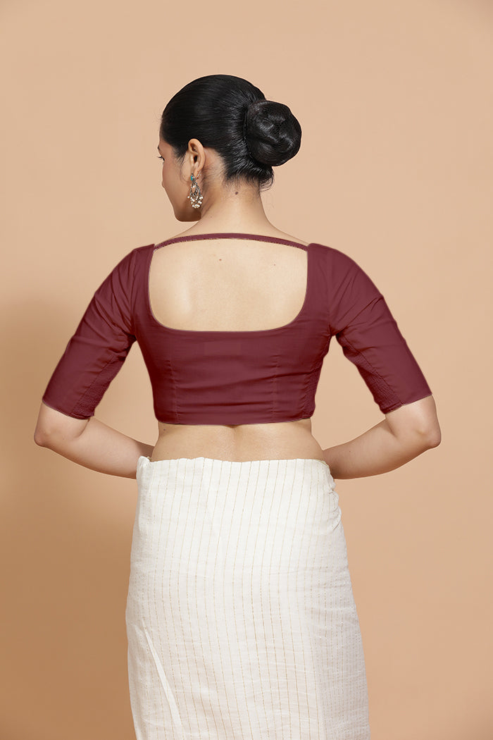 Vritika x Rozaana Saree Blouse, in Maroon Cotton, featuring elbow sleeves and scoop neckline, made for daily & work (view 2).