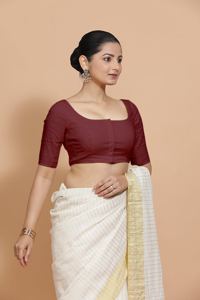 Vritika x Rozaana Saree Blouse, in Maroon Cotton, featuring elbow sleeves and scoop neckline, made for daily & work (view 7).