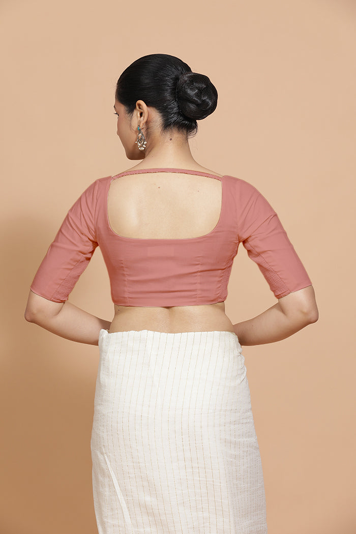 Vritika x Rozaana Saree Blouse, in Peach Cotton, featuring elbow sleeves and scoop neckline, made for daily & work (view 2).