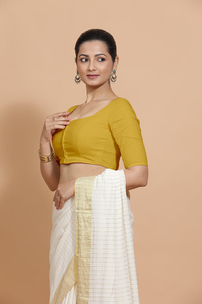 Vritika x Rozaana Saree Blouse, in Yellow Cotton, featuring elbow sleeves and scoop neckline, made for daily & work (view 5).