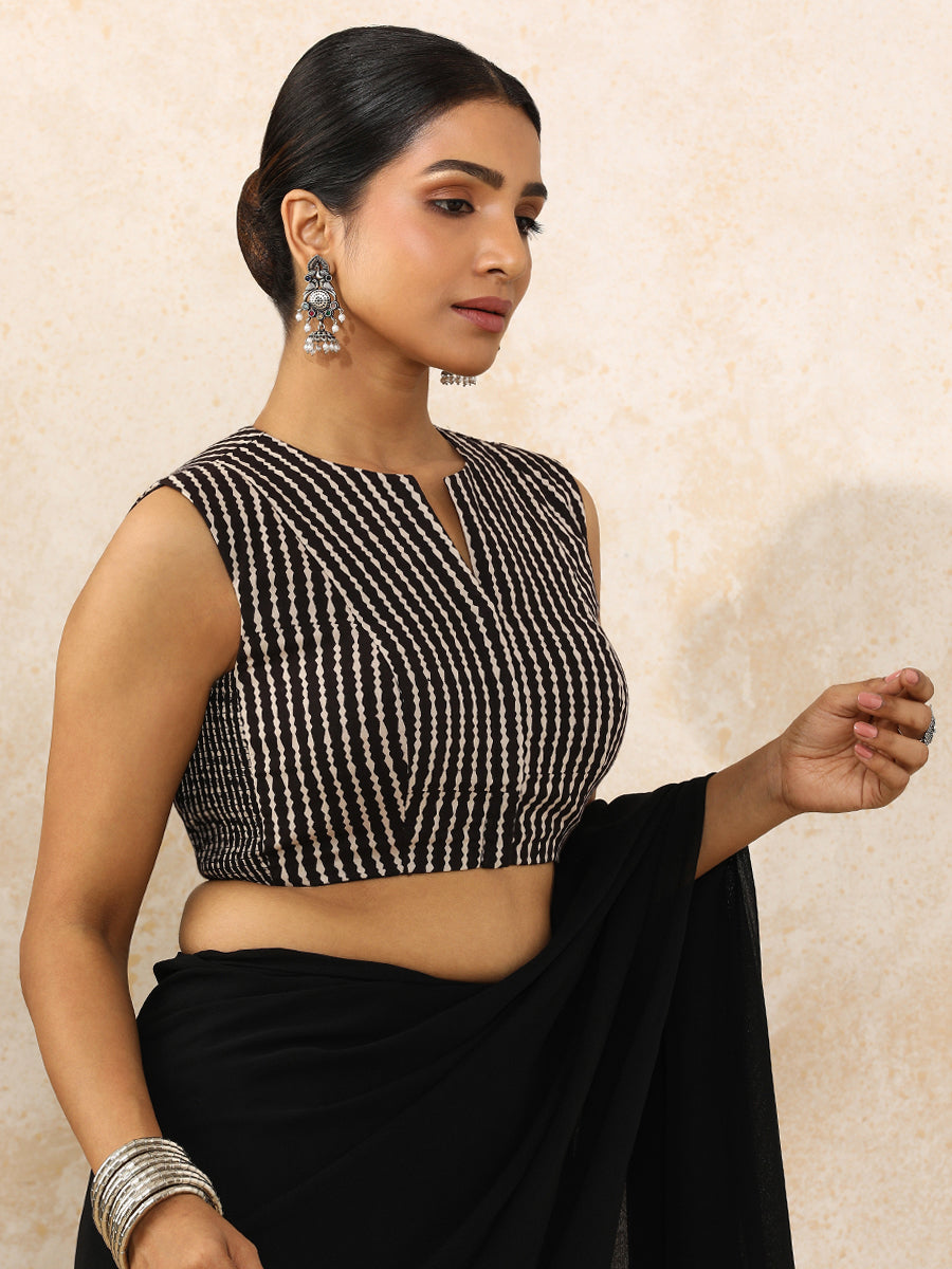 Yamika x Rozaana Saree Blouse, in Black 100% Cotton - Block Printed, featuring sleeveless and jewel neckline (view 7).