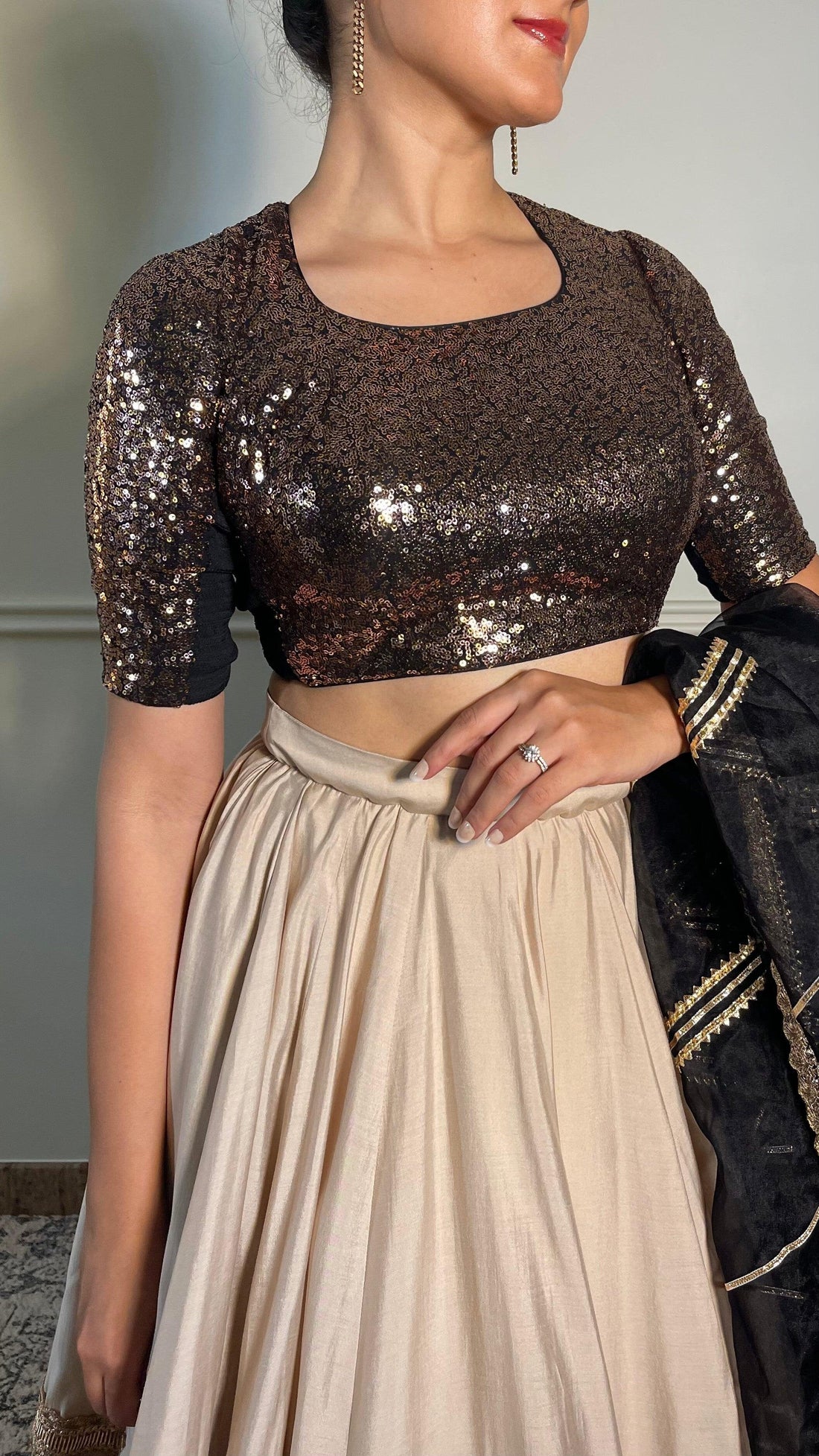 Yara x Tyohaar Saree Blouse, in Gold Sequin, featuring elbow sleeves, made for party & festive.