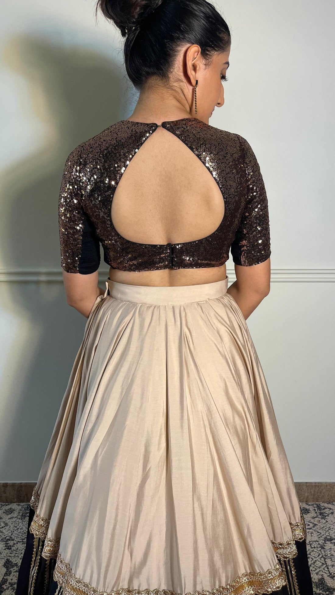 Yara x Tyohaar Saree Blouse, in Gold Sequin, featuring elbow sleeves, made for party & festive (view 2).
