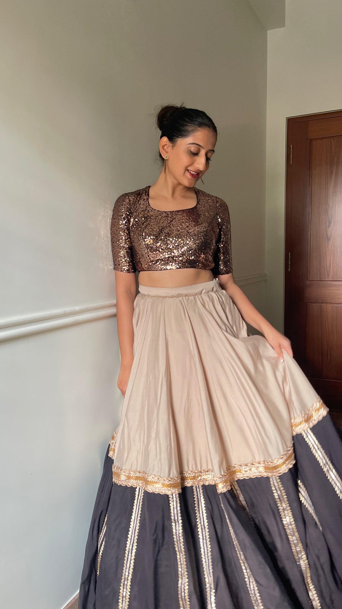 Yara x Tyohaar Saree Blouse, in Gold Sequin, featuring elbow sleeves, made for party & festive (view 6).