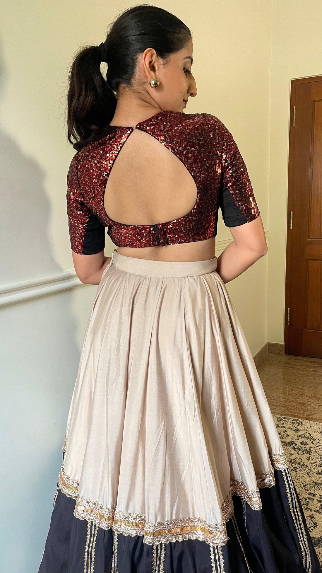 Yara x Tyohaar Saree Blouse, in Red Sequin, featuring elbow sleeves, made for party & festive (view 2).