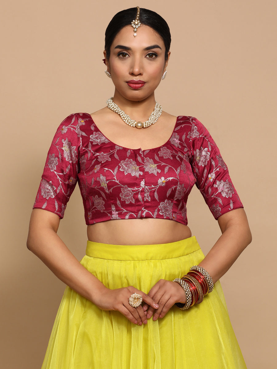 Zaina x Tyohaar Saree Blouse, in Red Embroidery & Brocade, featuring elbow sleeves and round neckline (view 7).