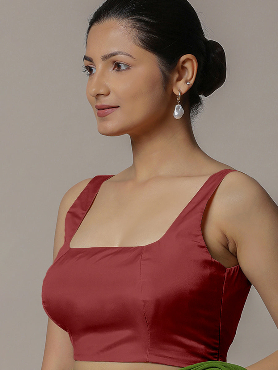 Zeba x Rozaana Saree Blouse, in Red Vegan Silk, featuring sleeveless and square neckline, made for party & festive (view 5).