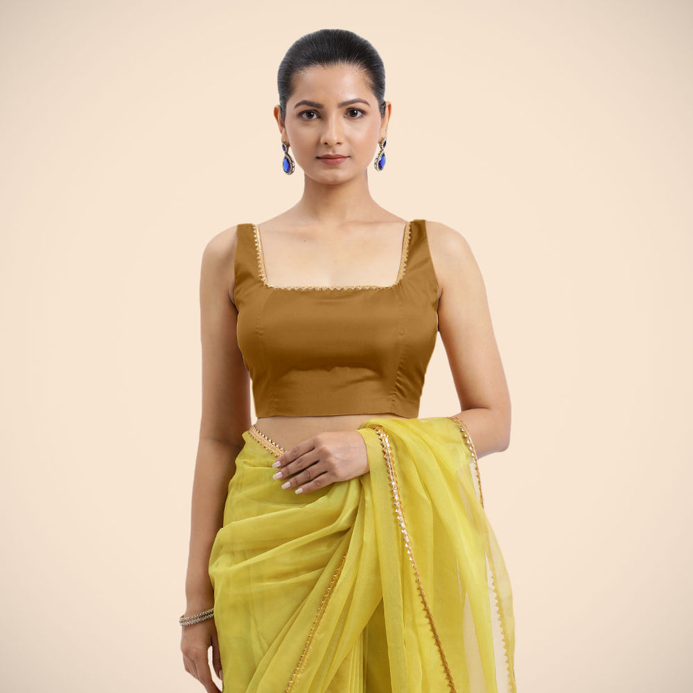Zeba x Tyohaar | Bronze Gold Sleeveless FlexiFit™ Saree Blouse with Square Neck with Golden Gota Lace and Deep Back