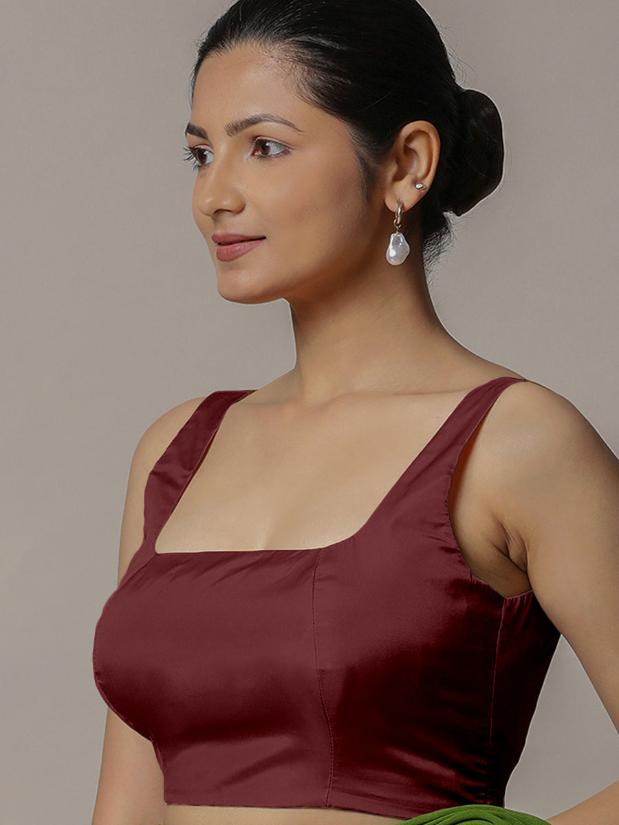 Zeba x Rozaana Saree Blouse, in Maroon Vegan Silk, featuring sleeveless and square neckline, made for party & festive (view 5).