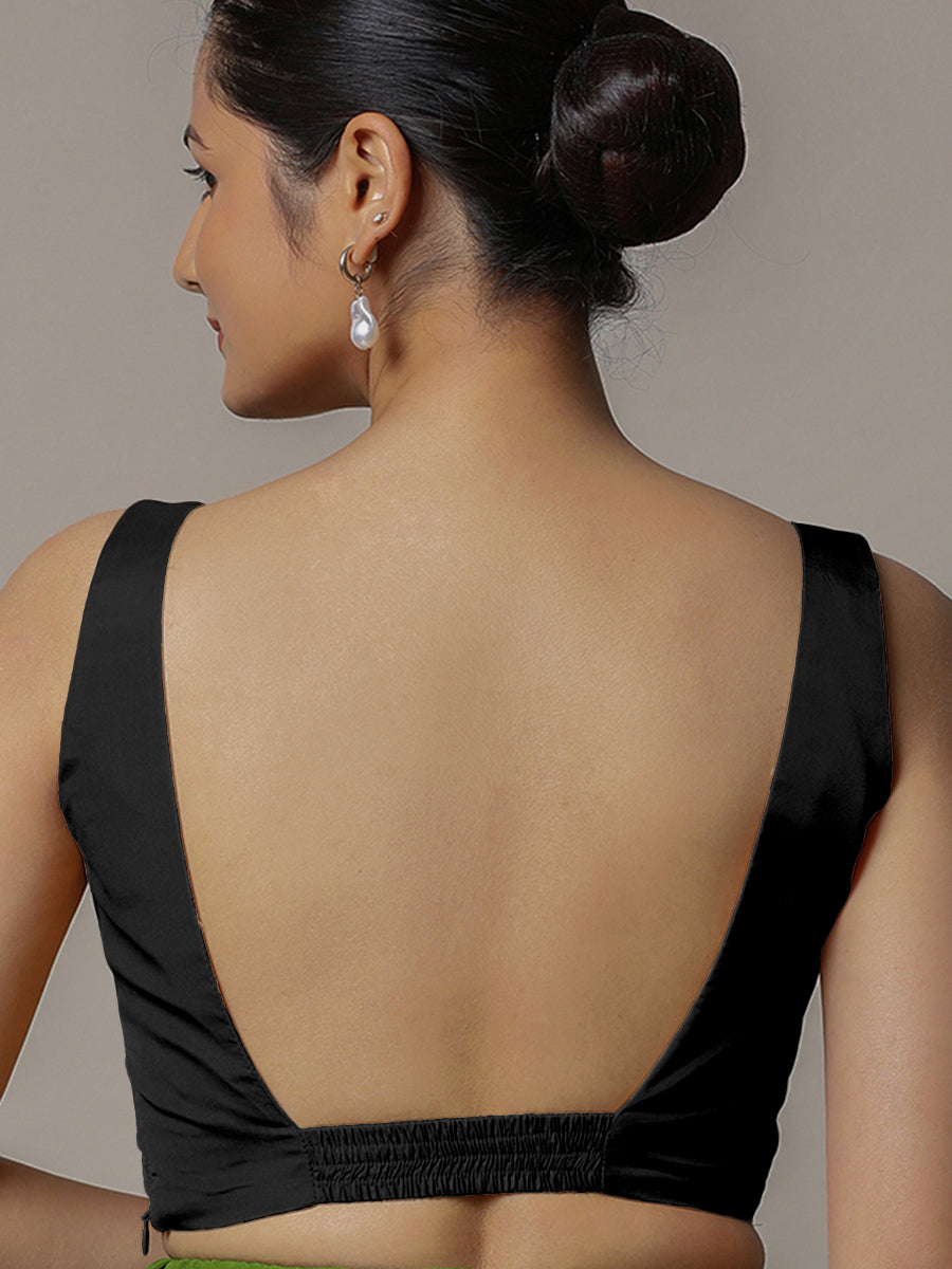 Zeba x Rozaana Saree Blouse, in Black Vegan Silk, featuring sleeveless and square neckline, made for party & festive (view 2).