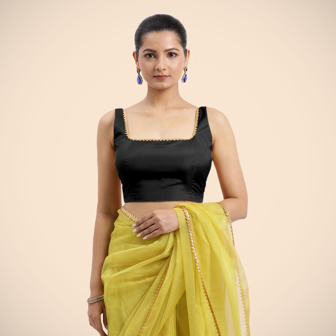 Zeba x Tyohaar Saree Blouse, in Black Vegan Silk, featuring sleeveless and square neckline, made for party & festive (view 5).