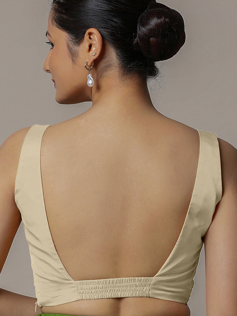 Zeba x Rozaana Saree Blouse, in Cream Vegan Silk, featuring sleeveless and square neckline, made for party & festive (view 2).