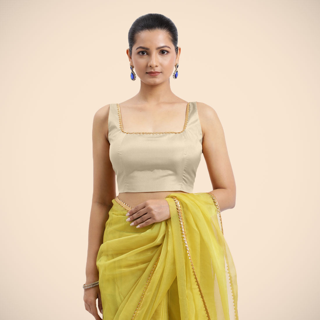 Zeba x Tyohaar Saree Blouse, in Cream Vegan Silk, featuring sleeveless and square neckline, made for party & festive (view 4).
