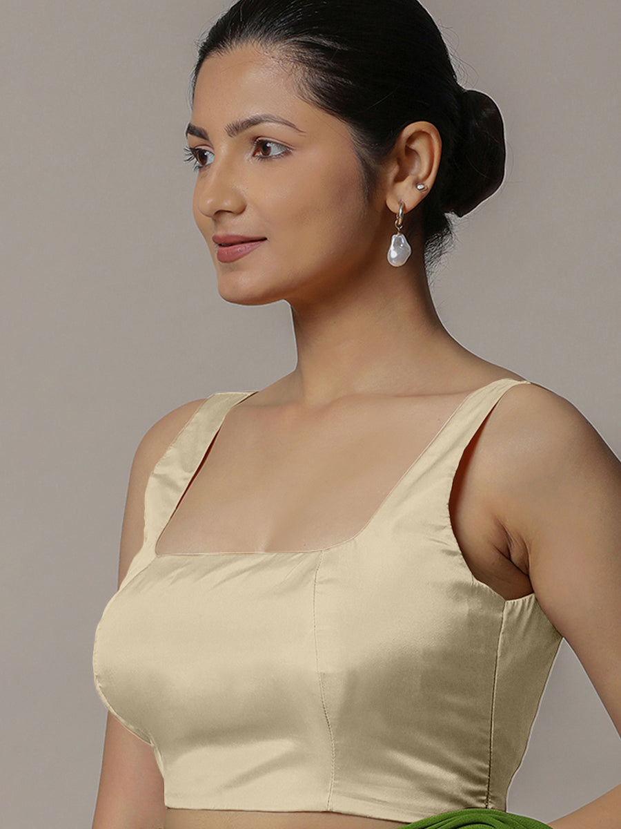Zeba x Rozaana Saree Blouse, in Cream Vegan Silk, featuring sleeveless and square neckline, made for party & festive (view 5).