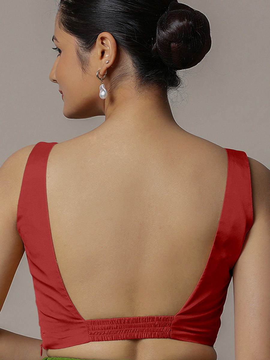 Zeba x Rozaana Saree Blouse, in Red Vegan Silk, featuring sleeveless and square neckline, made for party & festive (view 2).