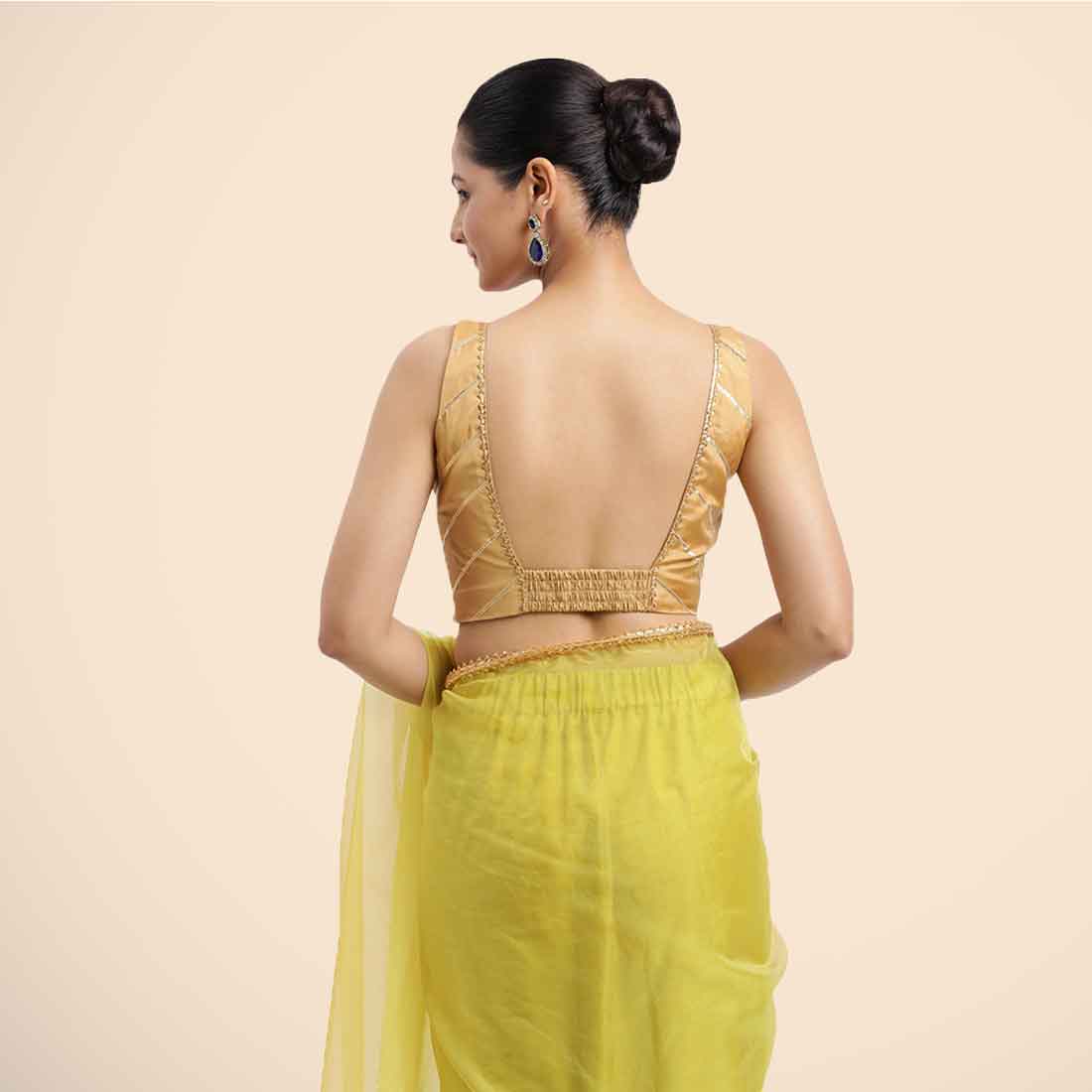 Zeba x Tyohaar Saree Blouse, in Gold Vegan Silk, featuring sleeveless and square neckline, made for party & festive (view 2).