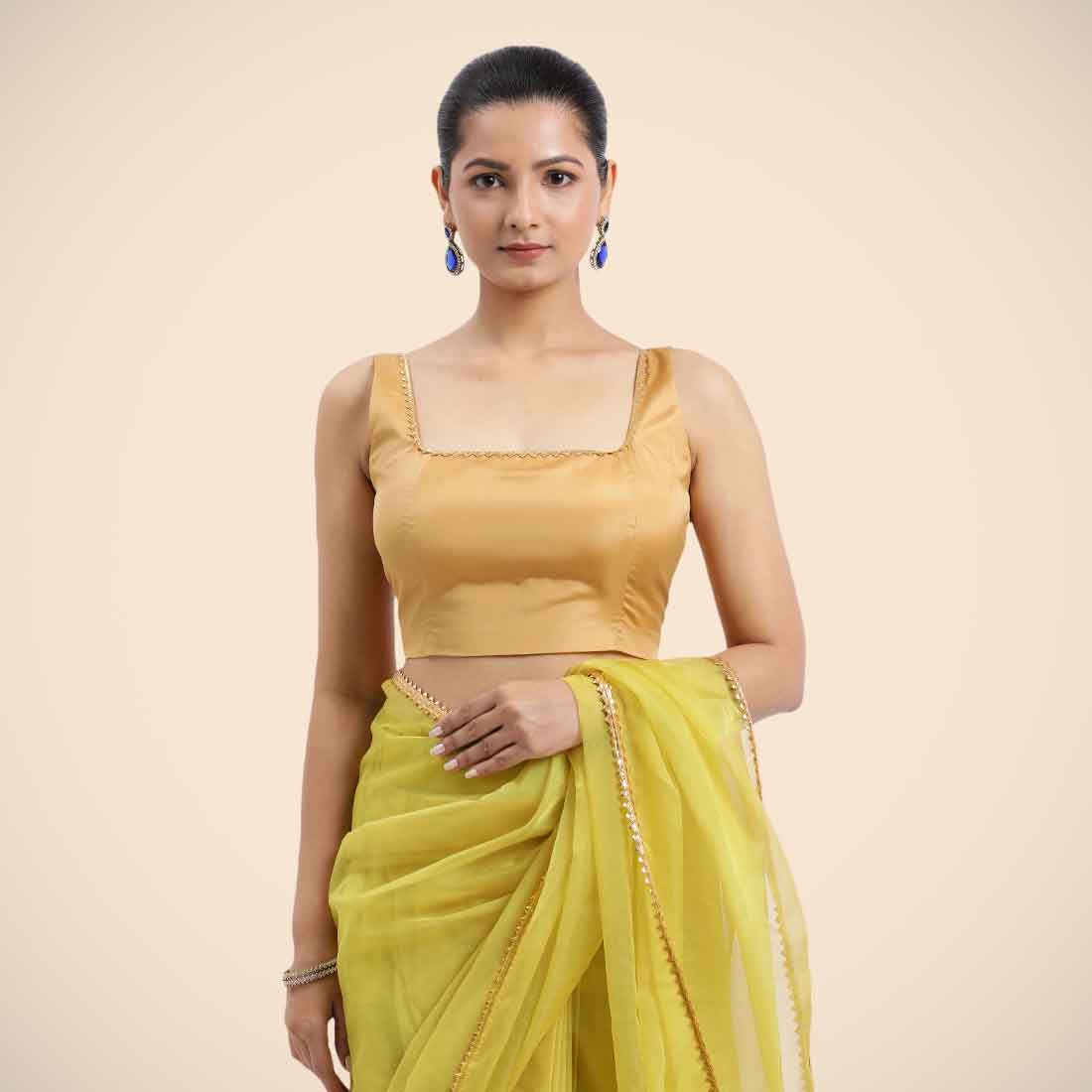 Zeba x Tyohaar Saree Blouse, in Gold Vegan Silk, featuring sleeveless and square neckline, made for party & festive (view 4).