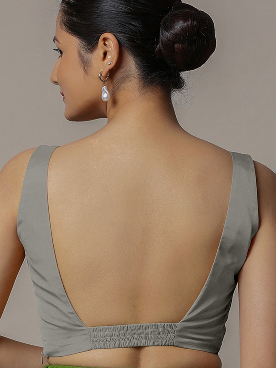 Zeba x Rozaana Saree Blouse, in Grey Vegan Silk, featuring sleeveless and square neckline, made for party & festive (view 2).