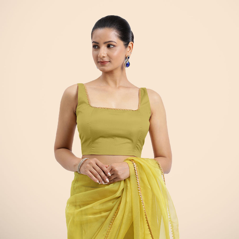 Zeba x Tyohaar | Lemon Yellow Sleeveless FlexiFit™ Saree Blouse with Square Neck with Golden Gota Lace and Deep Back