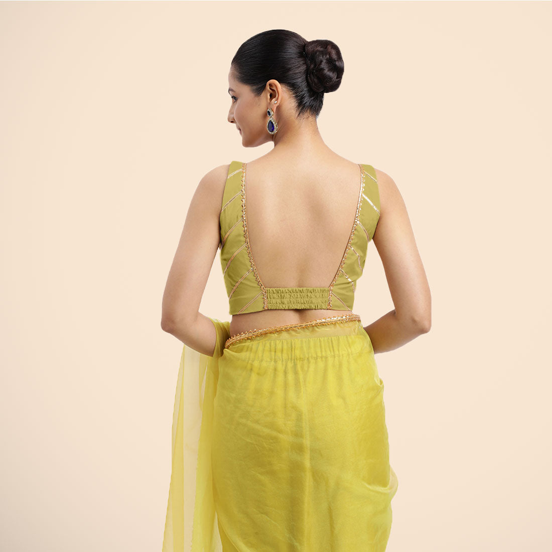 Zeba x Tyohaar Saree Blouse, in Yellow Vegan Silk, featuring sleeveless and square neckline, made for party & festive (view 5).