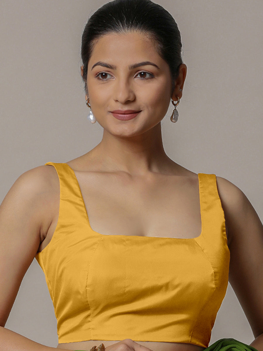 Zeba x Rozaana | Sleeveless Marigold Yellow FlexiFit™ Saree Blouse with Square Neck