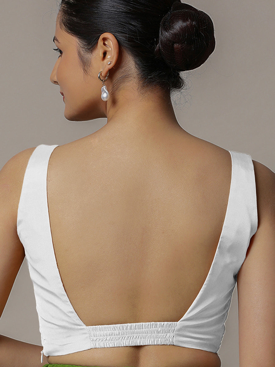 Zeba x Rozaana Saree Blouse, in White Vegan Silk, featuring sleeveless and square neckline, made for party & festive (view 2).