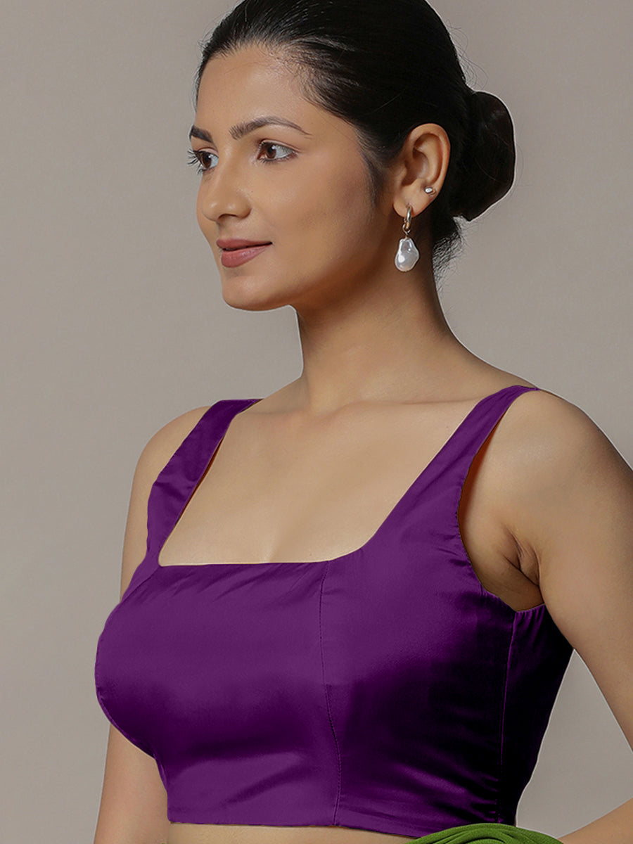 Zeba x Rozaana Saree Blouse, in Purple Vegan Silk, featuring sleeveless and square neckline, made for party & festive (view 5).