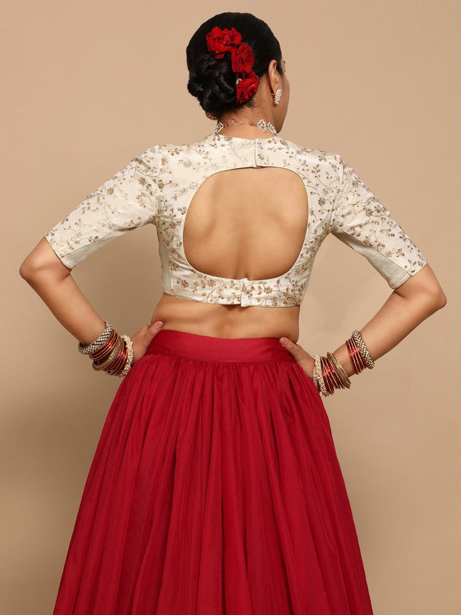 Zeelaf x Tyohaar Saree Blouse, in Cream Embroidery & Brocade, featuring elbow sleeves and jewel neckline (view 6).
