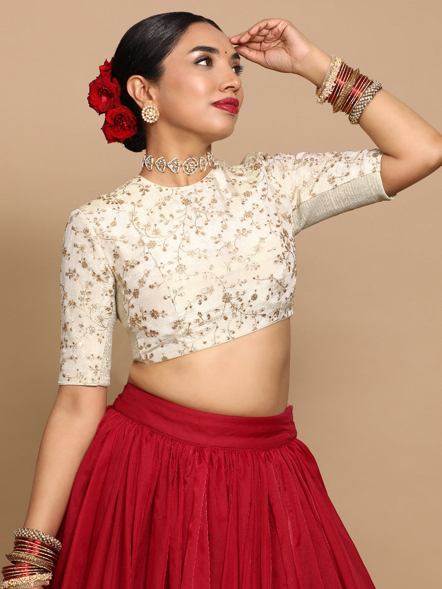 Zeelaf x Tyohaar Saree Blouse, in Cream Embroidery & Brocade, featuring elbow sleeves and jewel neckline (view 7).