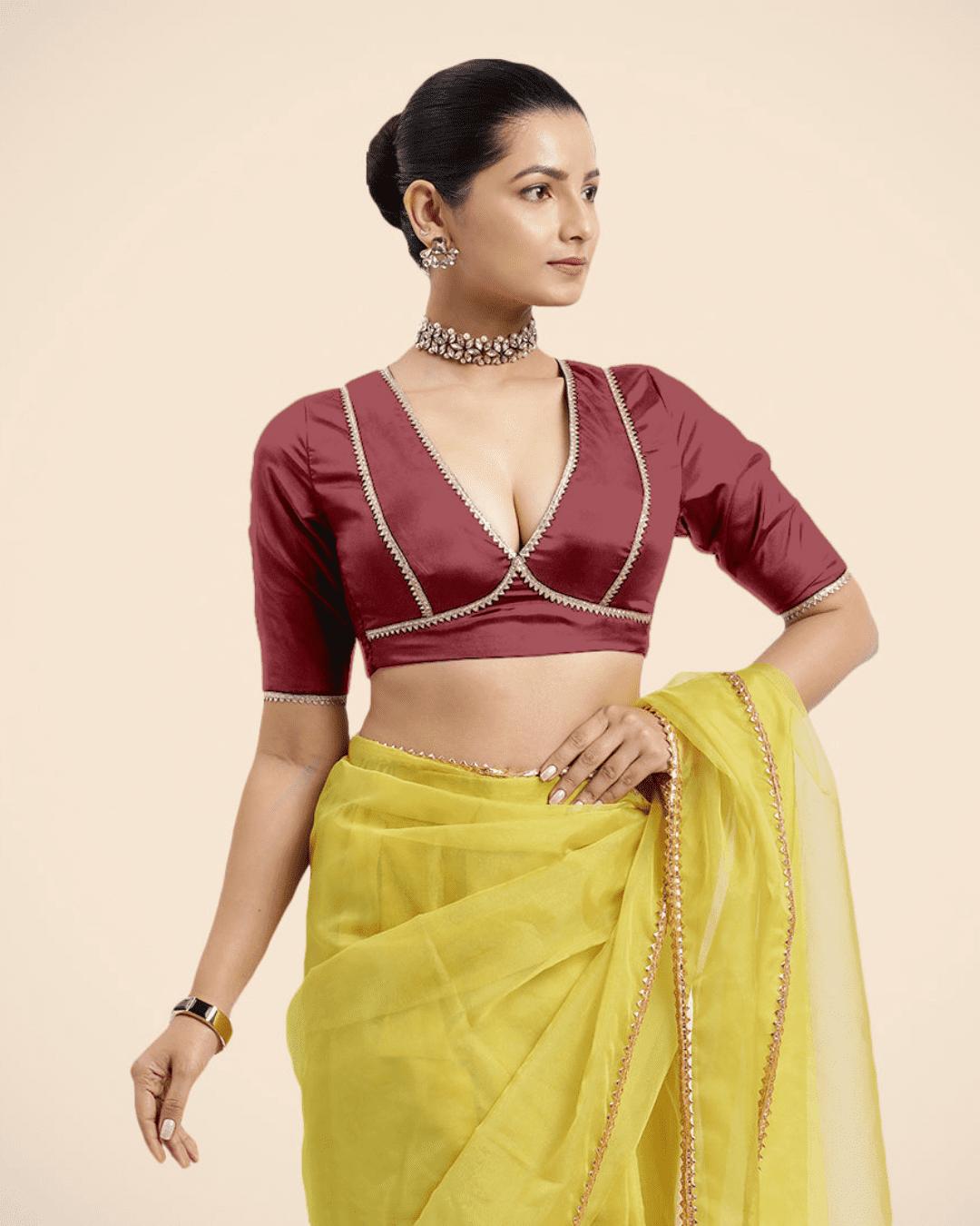 Zeenat x Tyohaar Saree Blouse, in Red Vegan Silk, featuring elbow sleeves and v-neckline, made for party & festive.