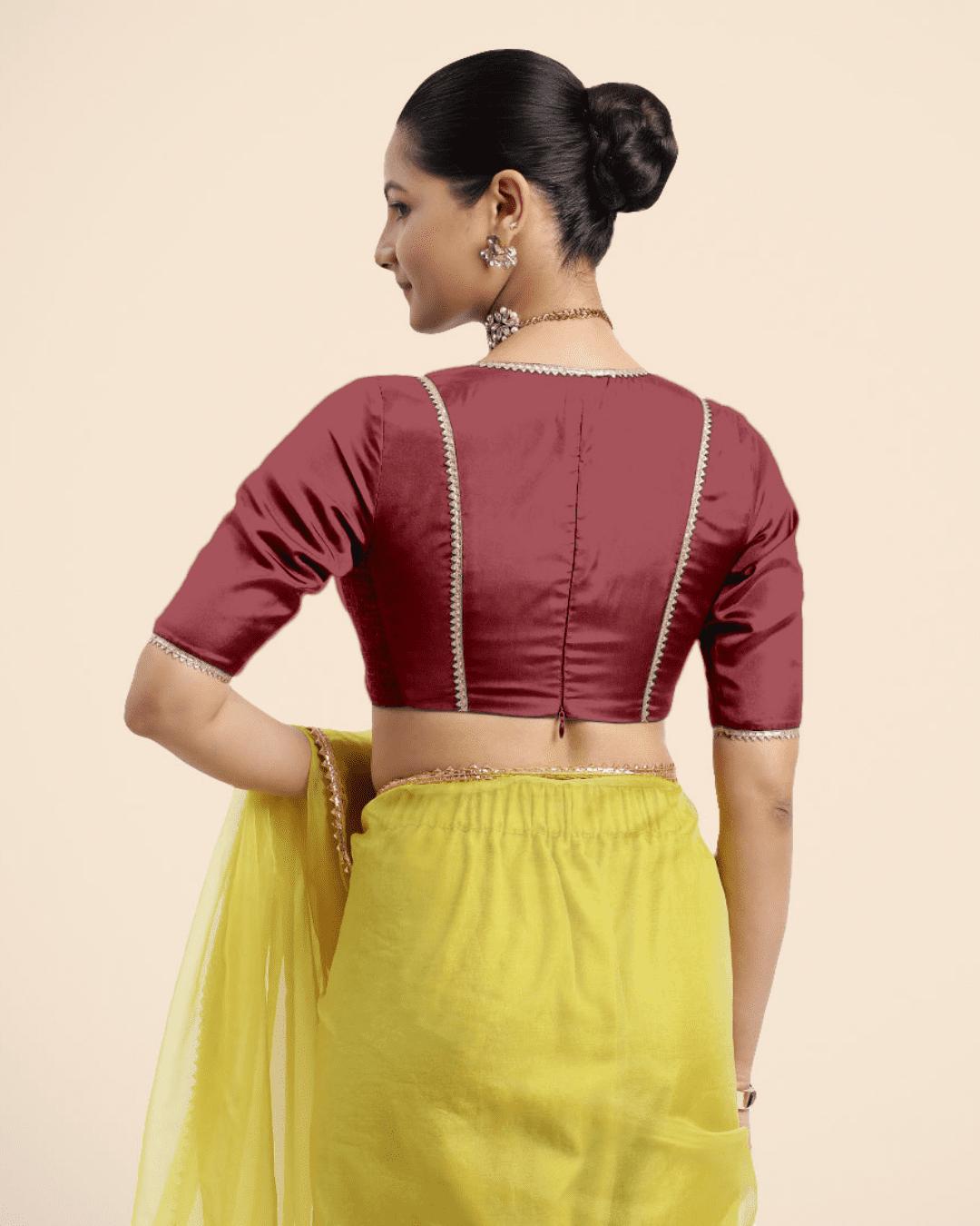 Zeenat x Tyohaar Saree Blouse, in Red Vegan Silk, featuring elbow sleeves and v-neckline, made for party & festive (view 2).
