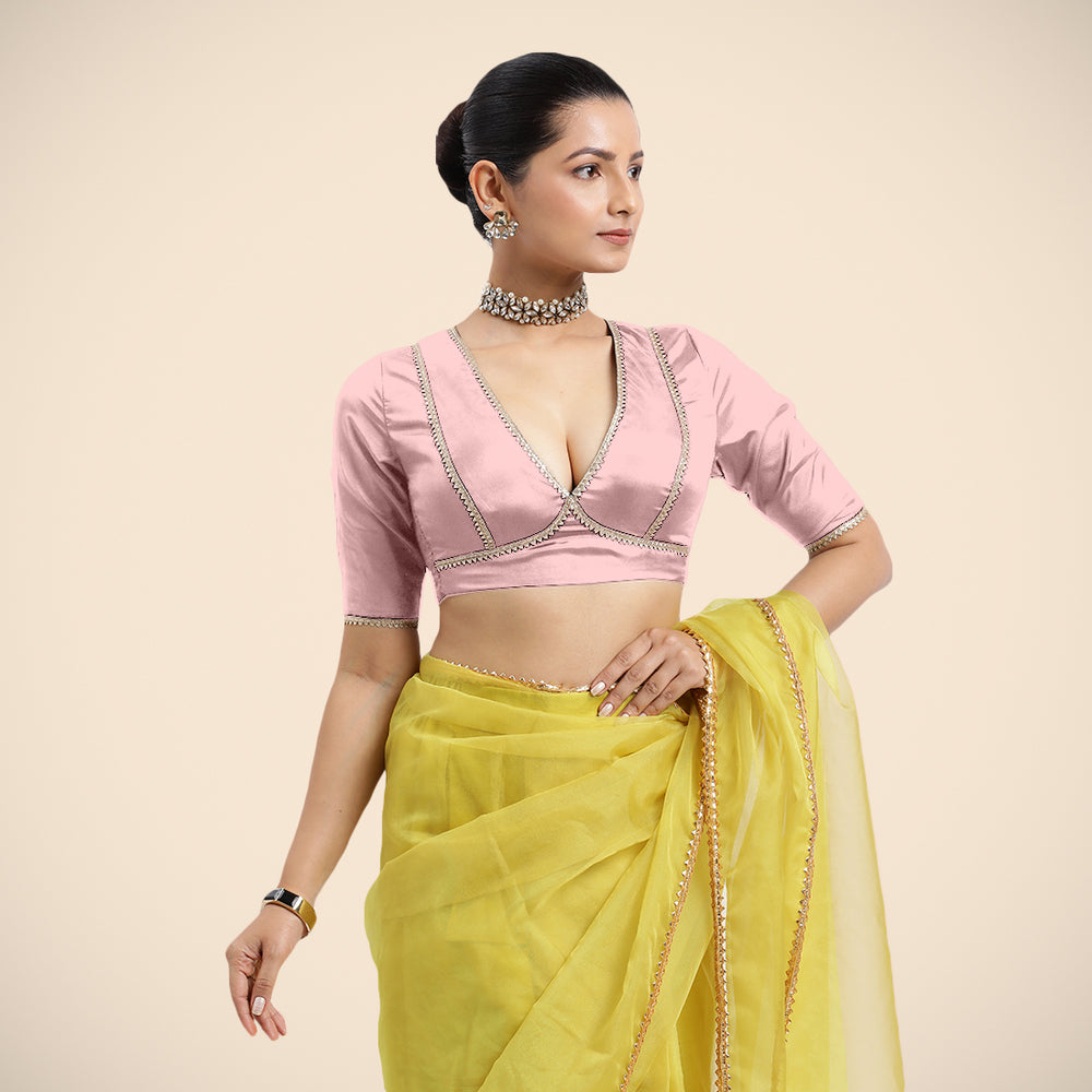 Zeenat x Tyohaar | Elbow Sleeves Baby Pink FlexiFit™ Gota Embellished Saree Blouse with V-Neck